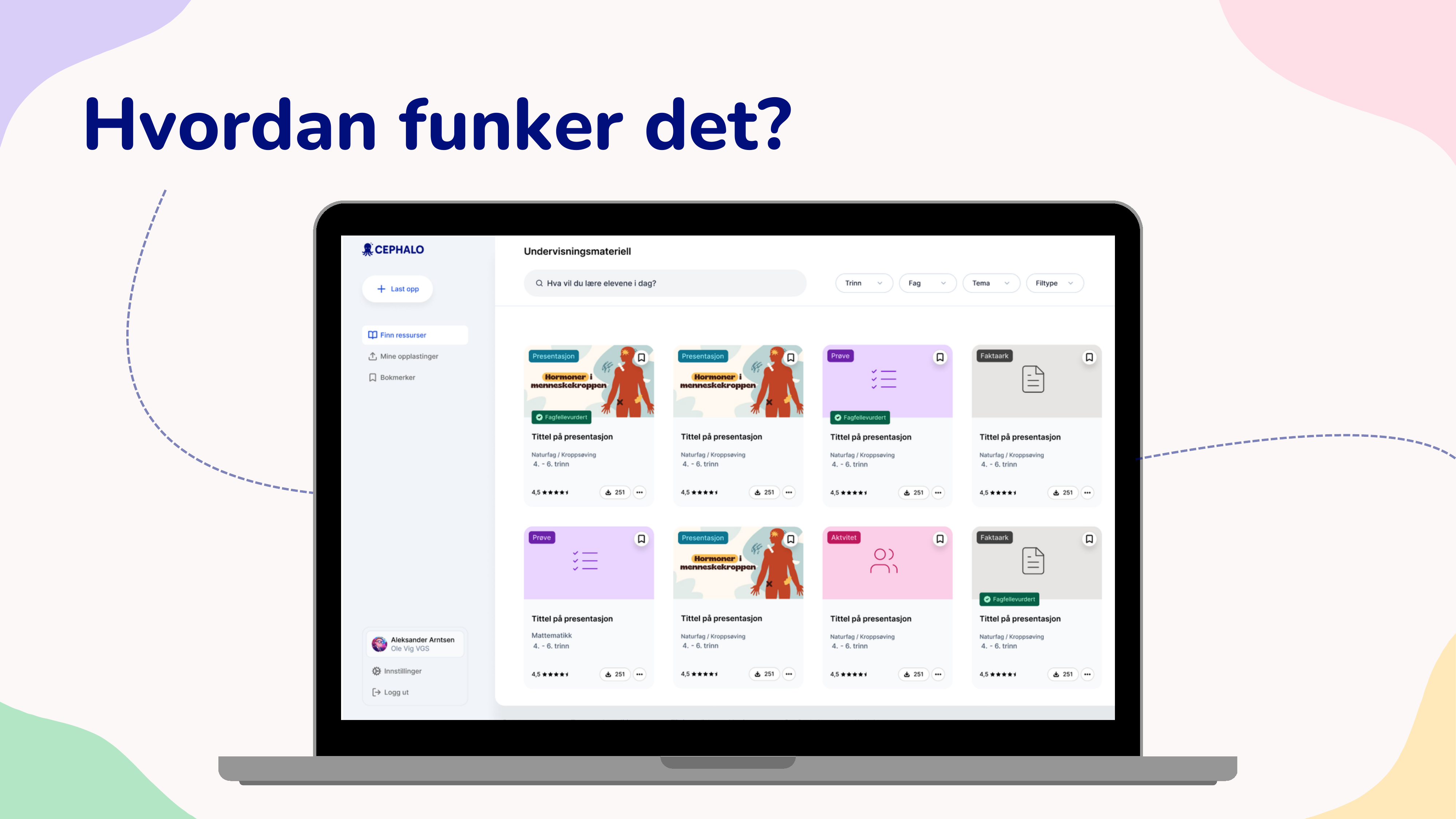 Cephalo dashboard med oversikt over undervisningsressurser